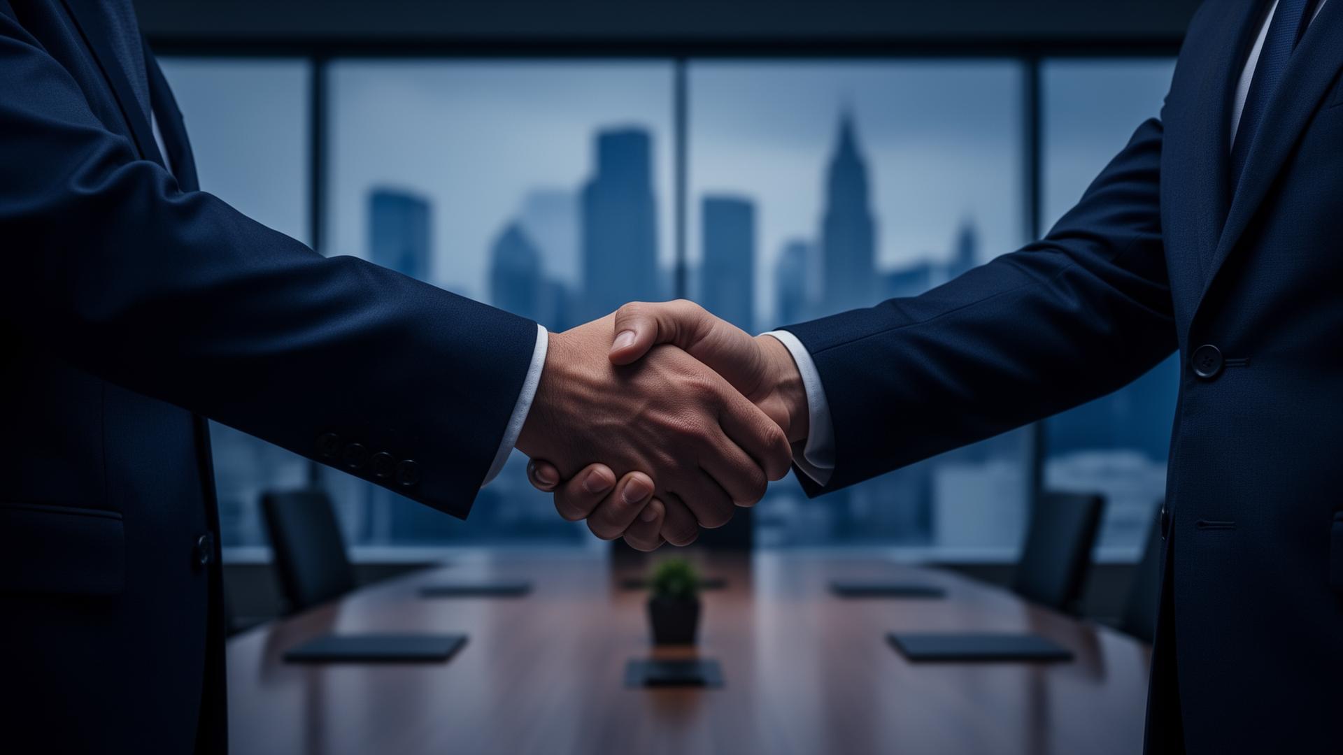 Business handshake in a modern boardroom overlooking a city skyline